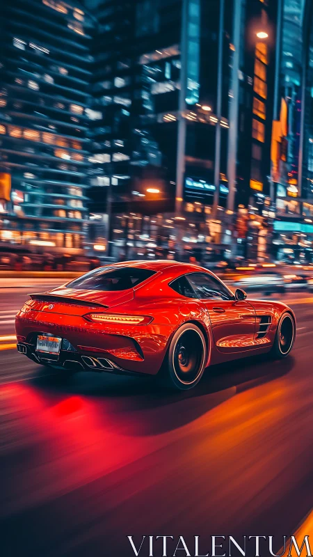 Red sports coupe moves through illuminated urban corridor