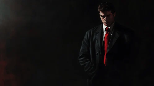 Man in dark overcoat stands in shadow with red tie
