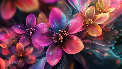 Iridescent digital blossoms glow across deep abstract space