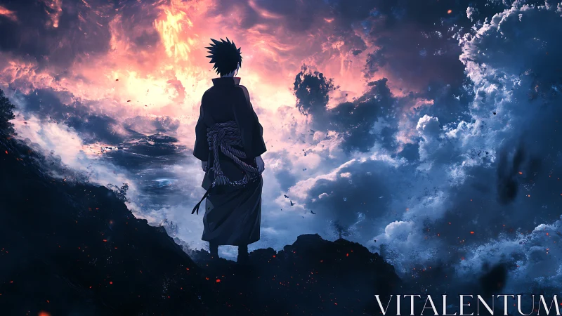 Lone warrior contemplates a storm-split, burning sky