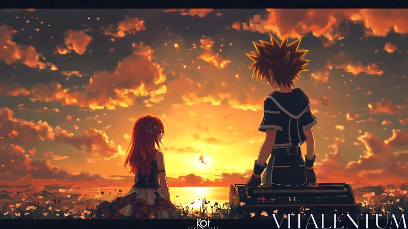 Backlit anime silhouettes study nuanced sunset volumetric sky