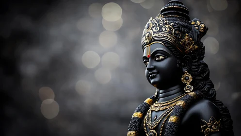 Photorealistic black deity sculpture with ornate gold detailing.