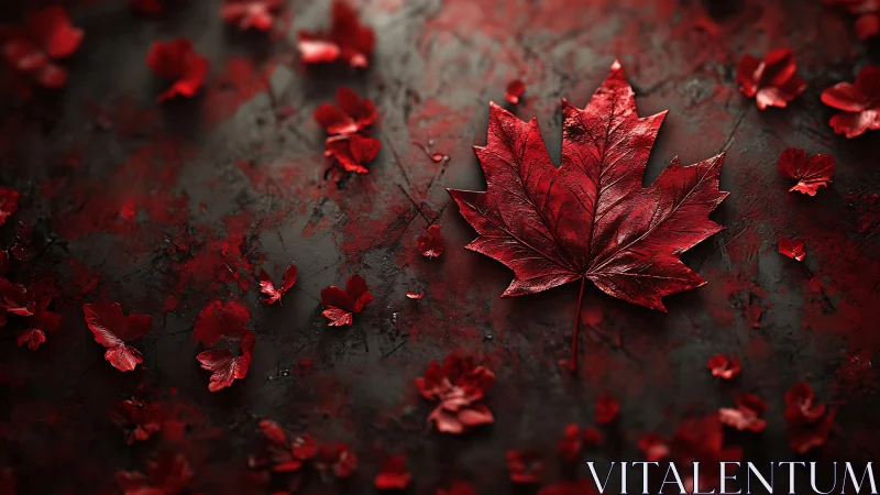 Red maple leaf on textured dark surface with petals.