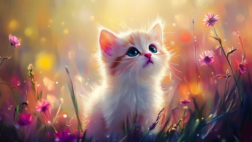 Magical Kitten Among Blooming Wildflowers in Golden Light.