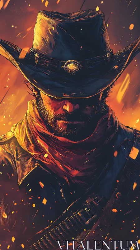 Lone cowboy figure in stylized ember filled environment.