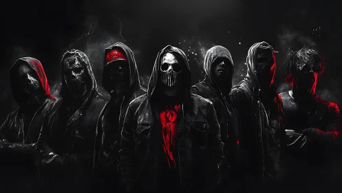 Hooded masked collective in red-accented monochrome haze.
