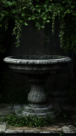 Mossed stone garden basin under cascading foliage shadows.