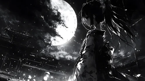 Moonlit petals confess to the silent samurai silhouette