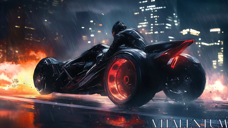 Midnight vigilante rocket-bike carves fire through rain-soaked neon.