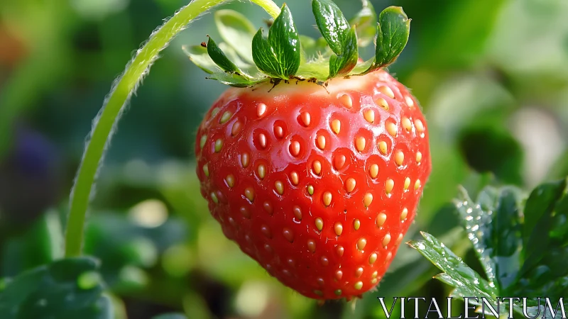 Ripe red strawberry on plant with green foliage background.