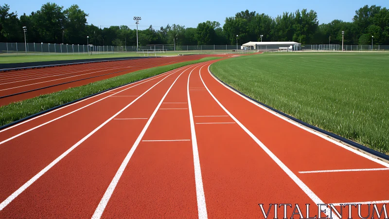 Outdoor running track curves beside green sports field.
