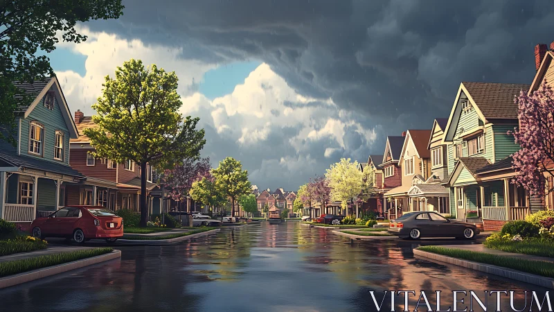 Suburban street under receding storm clouds with reflective wet asphalt