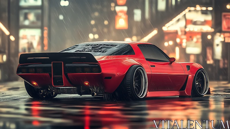 Retro widebody street machine in rainy neon boulevard environment.