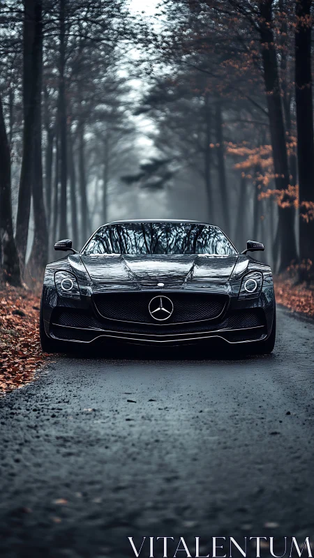 Sleek black Mercedes rests confidently on a misty forest lane.