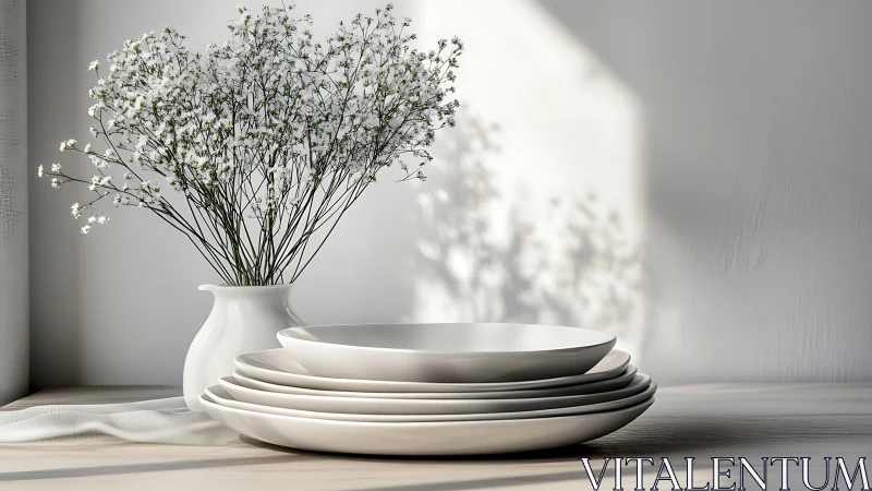 Soft morning light choreographs plates, vase, and quiet blooms