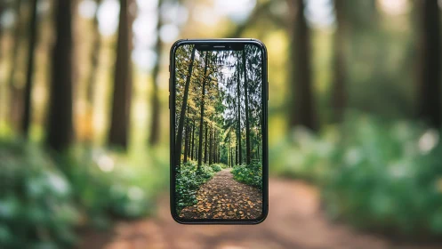 Smartphone Display of Forest Trail with Tall Conifers in Depth