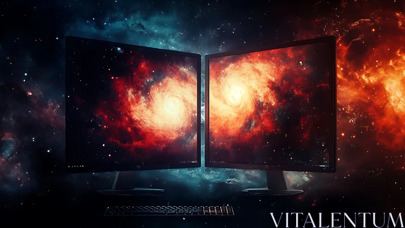 Twin galaxy screens inviting you into a cosmic workspace.