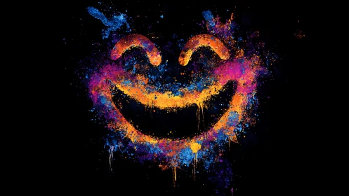 Joyful neon smile splashed in bright paint on black.
