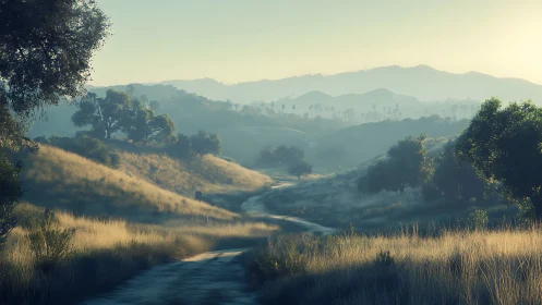 Dawn atmospheric perspective over winding grassland path.