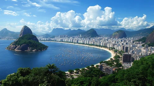 Coastal city skyline curves around deep blue tropical bay