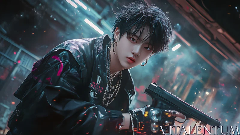 Edgy cyberpunk youth aiming pistol in neon alley scene.