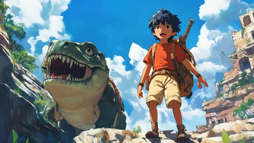Boy explorer and reptilian companion traverse sunlit canyon