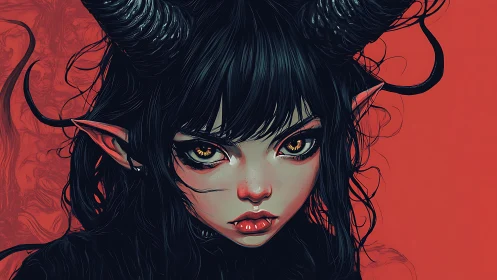 Demonic girl portrait renders high-contrast horns, eyes and hair