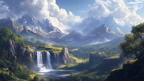 Sky-tall peaks and cascading twin falls in dreamlit valley.