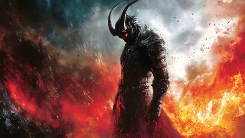 Infernal horned warrior in molten firestorm environment.