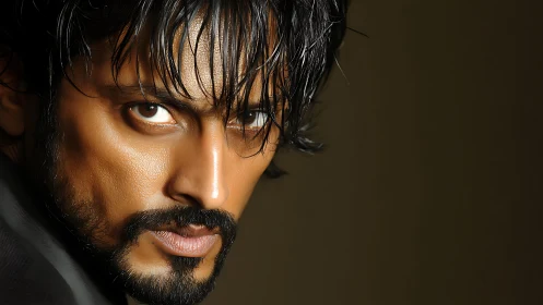 Tight portrait isolates intense male gaze with dramatic side lighting