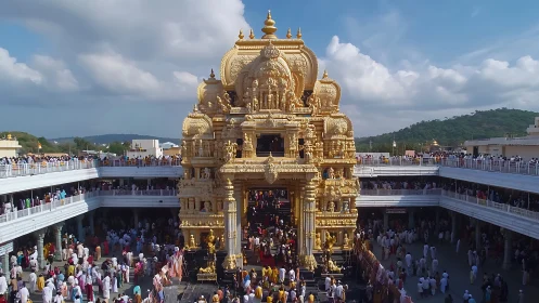 Photorealistic view of ornate golden temple gopuram architecture.