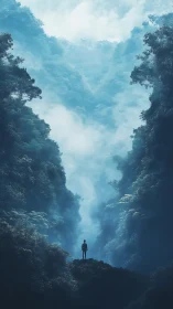 Solitary dreamer gazes into mist-drowned emerald canyon.