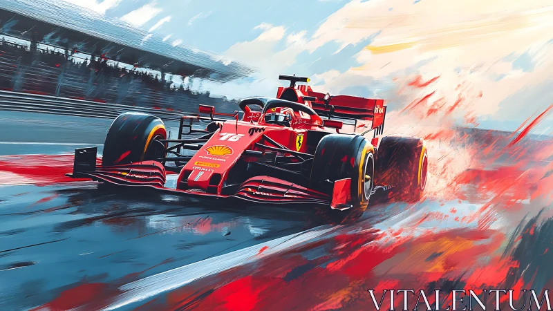 Red Formula 1 car blasts through wet circuit in motion blur.