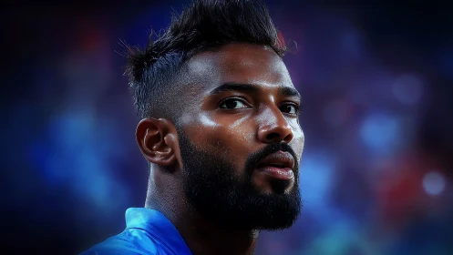 Intense male athlete portrait under vivid stadium bokeh.