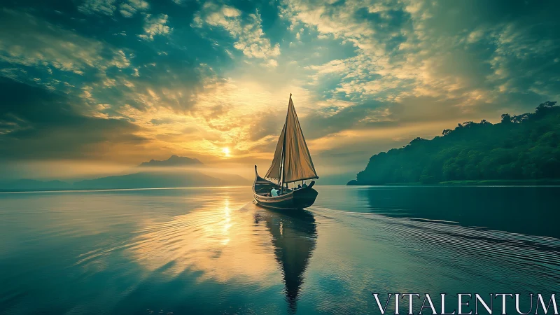 Sailboat moves across reflective lake under diffused sunset sky
