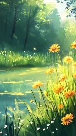 Sunlit wildflowers by a tranquil forest riverside scene.