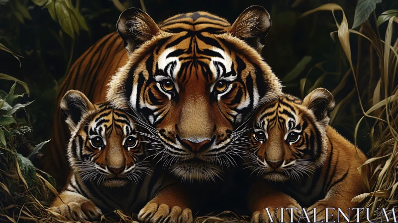 Striped Guardians: Three Tigers Emerge from Shadow.