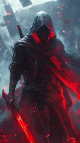 Hooded cyber warrior with molten red energy blade in dynamic mist