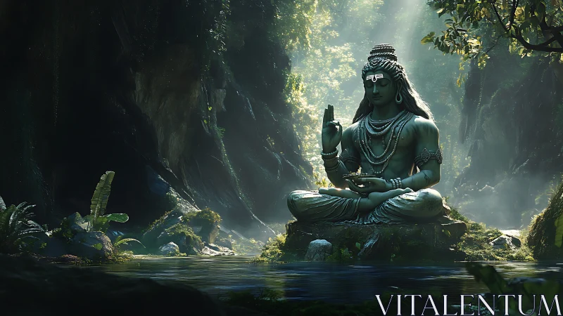 Serene stone deity statue meditating in lush forest river.
