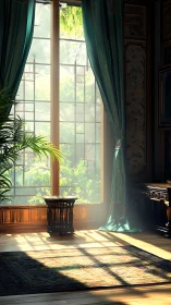 Sunlit parlor window casting patterned floor shadows.