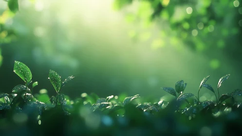 Dewlit leaves greeting a soft emerald morning hush.