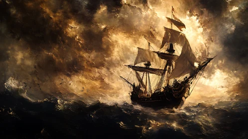 Golden storm-lit galleon sailing bravely through wild seas.