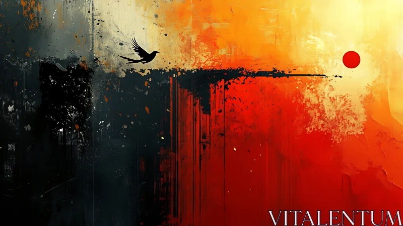 Abstract horizon with bird silhouette and red circular sun.