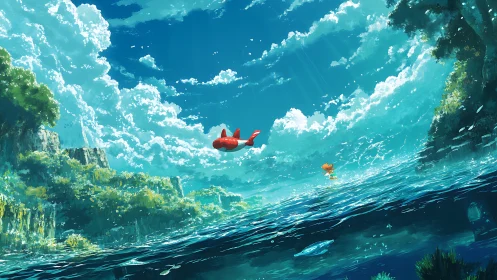 Stylized coastal seascape depicts aircraft above split ocean surface