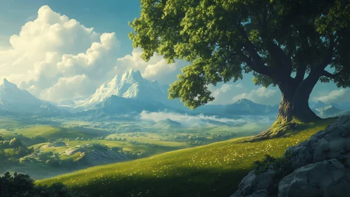 Sunlit valley meadow beneath towering ancient oak tree.