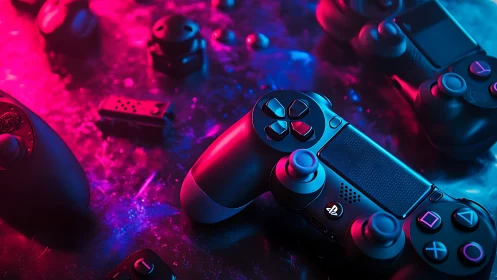 DualShock controllers under neon magenta cyan rim lighting study