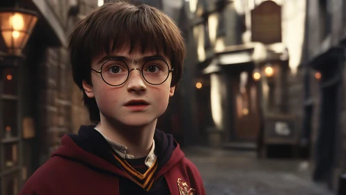 Young wizard stands awestruck in a dim, magical alleyway