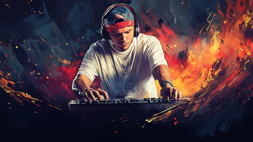 DJ in intense session on mixer with abstract flames backdrop.
