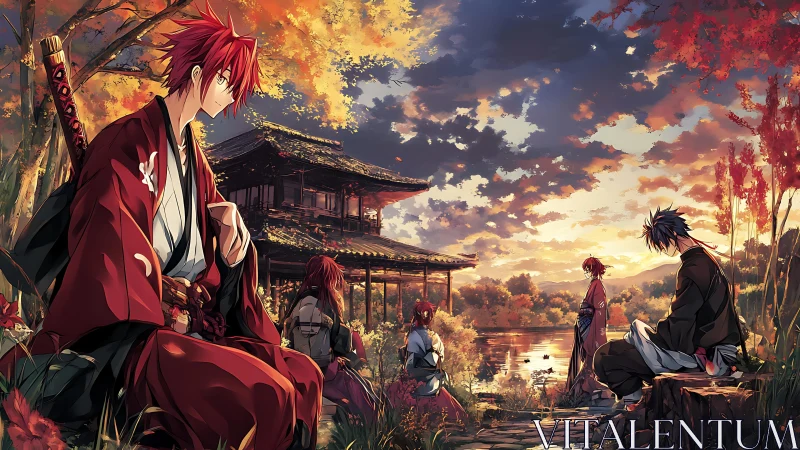 Samurai characters sit by a lakeside temple at sunset