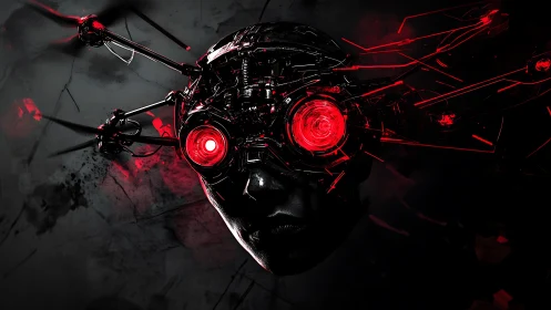 Drone-eyed cyber phantom with burning red focus locked in.